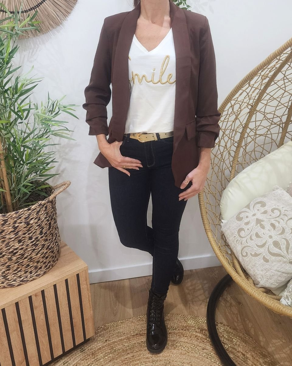 Blazer femme manches plissées marron