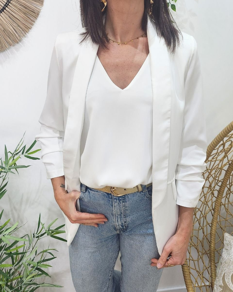 Blazer femme manches plissées blanc