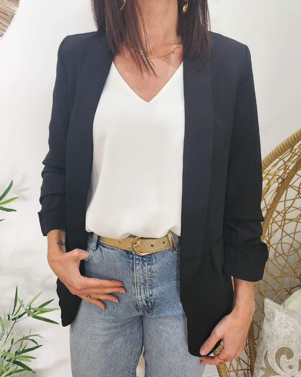 Blazer femme manches plissées noir