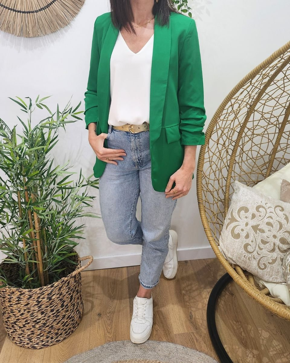 Blazer femme manches plissées vert gazon