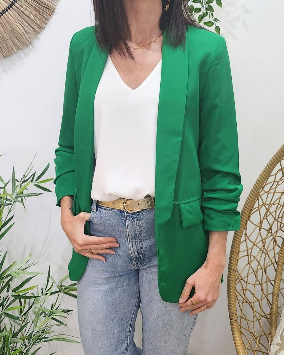 Blazer femme manches plissées vert gazon
