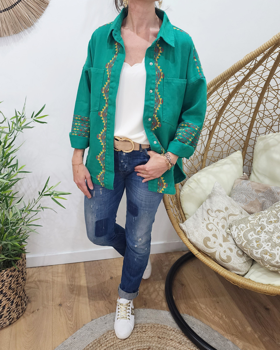 Veste en jean fluide verte motifs ethniques