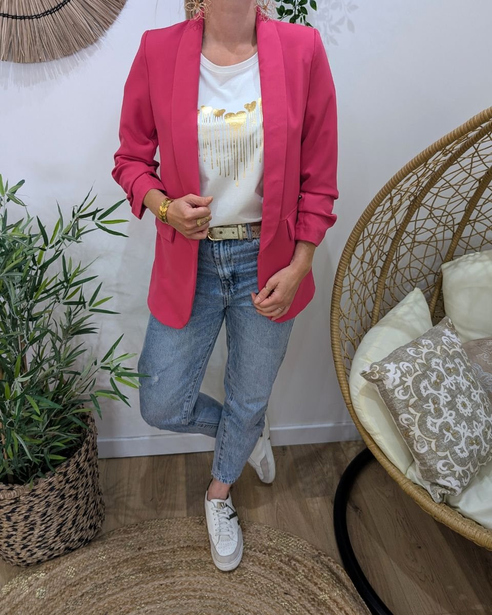 Blazer femme manches plissées fuchsia