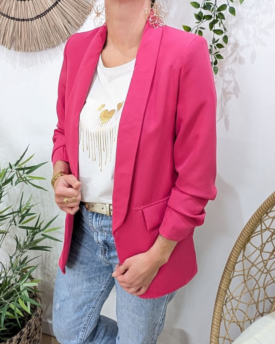 Blazer femme manches plissées fuchsia