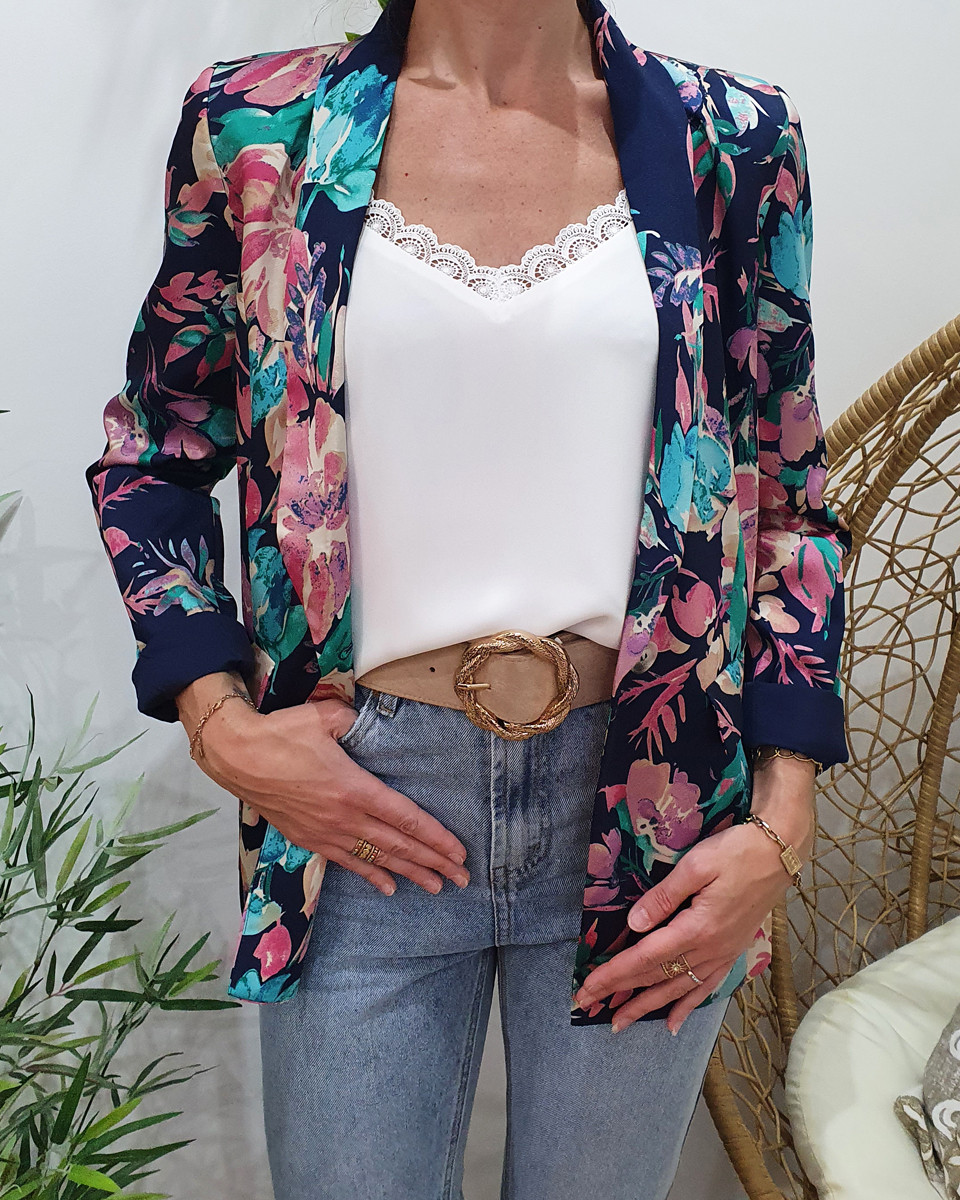Blazer femme bleu marine fleurs roses et vertes Blandine