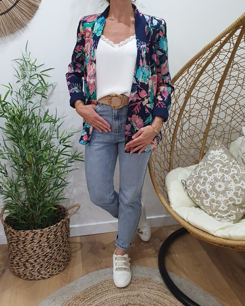 Blazer femme bleu marine fleurs roses et vertes Blandine