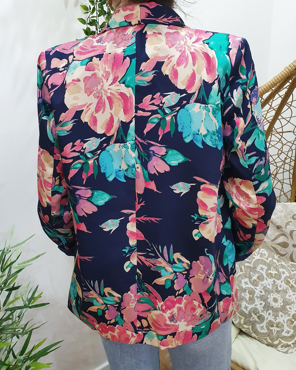 Blazer femme bleu marine fleurs roses et vertes Blandine