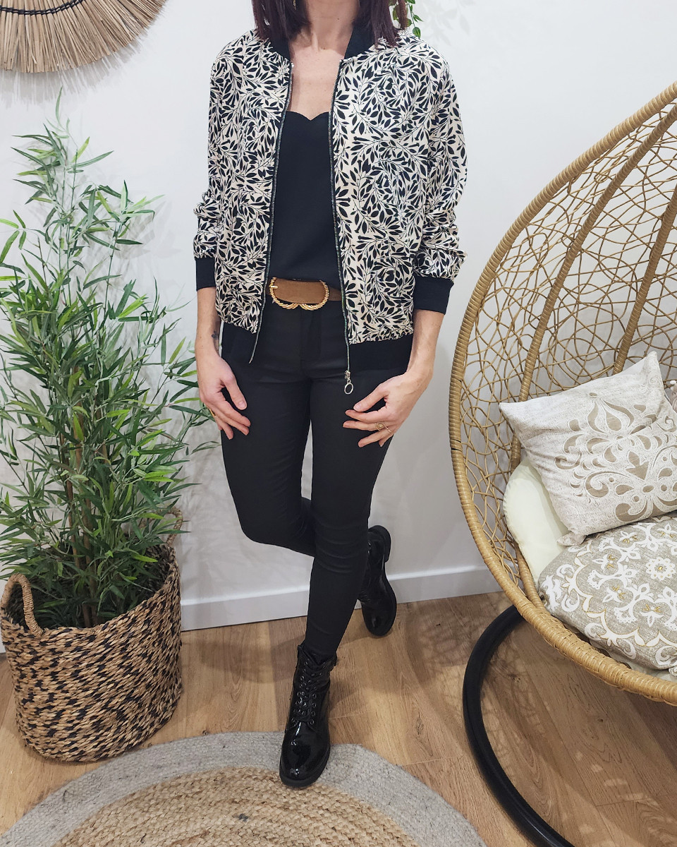 Bombers femme blanc feuillage noir liseré doré Béata