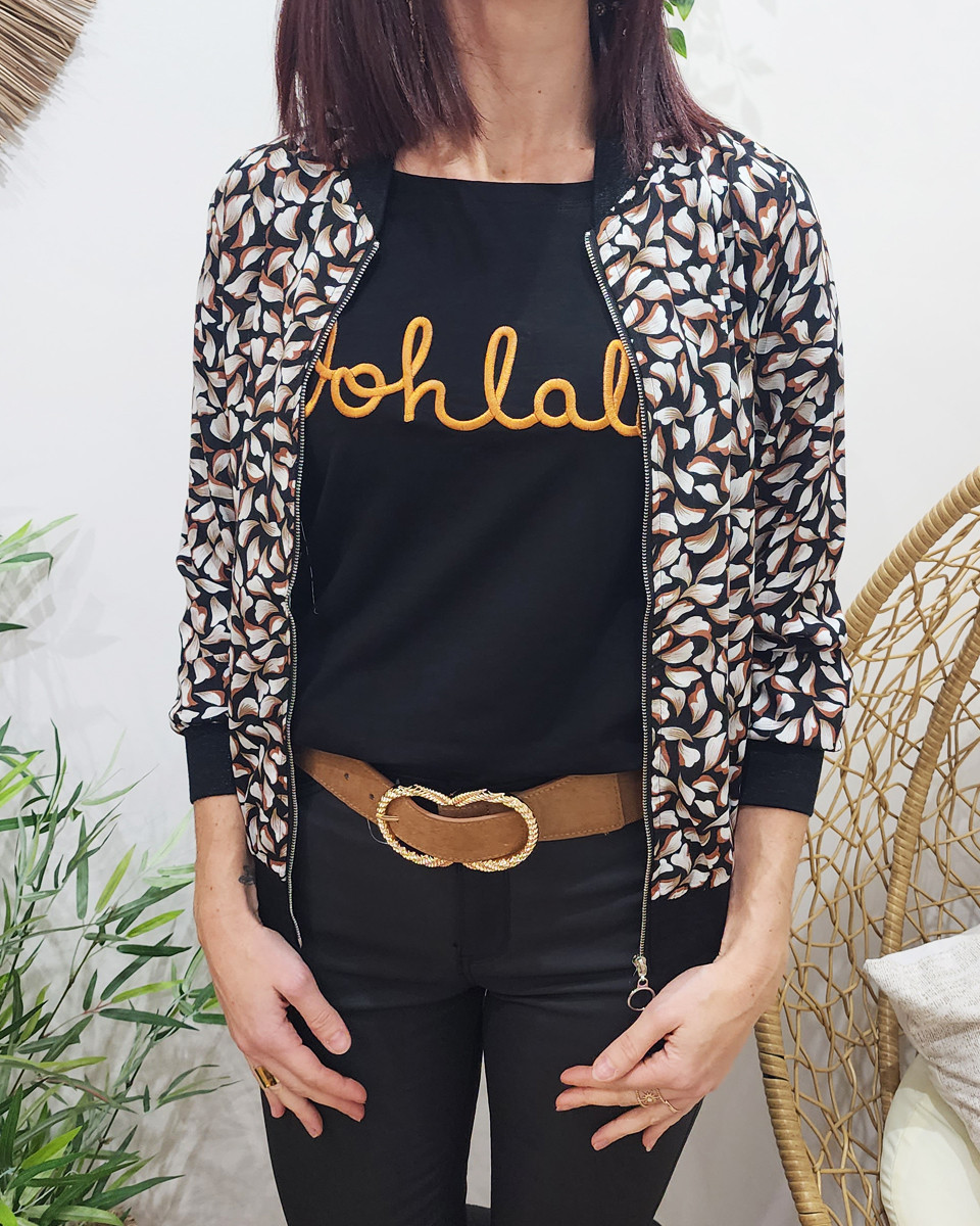 Bombers femme noir liseré doré feuillage beige et marron Lia