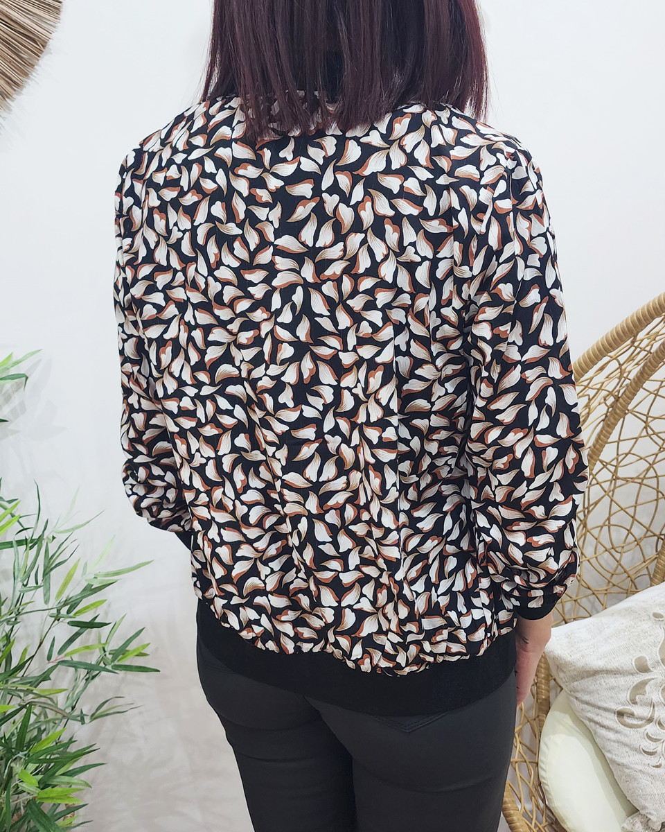 Bombers femme noir liseré doré feuillage beige et marron Lia