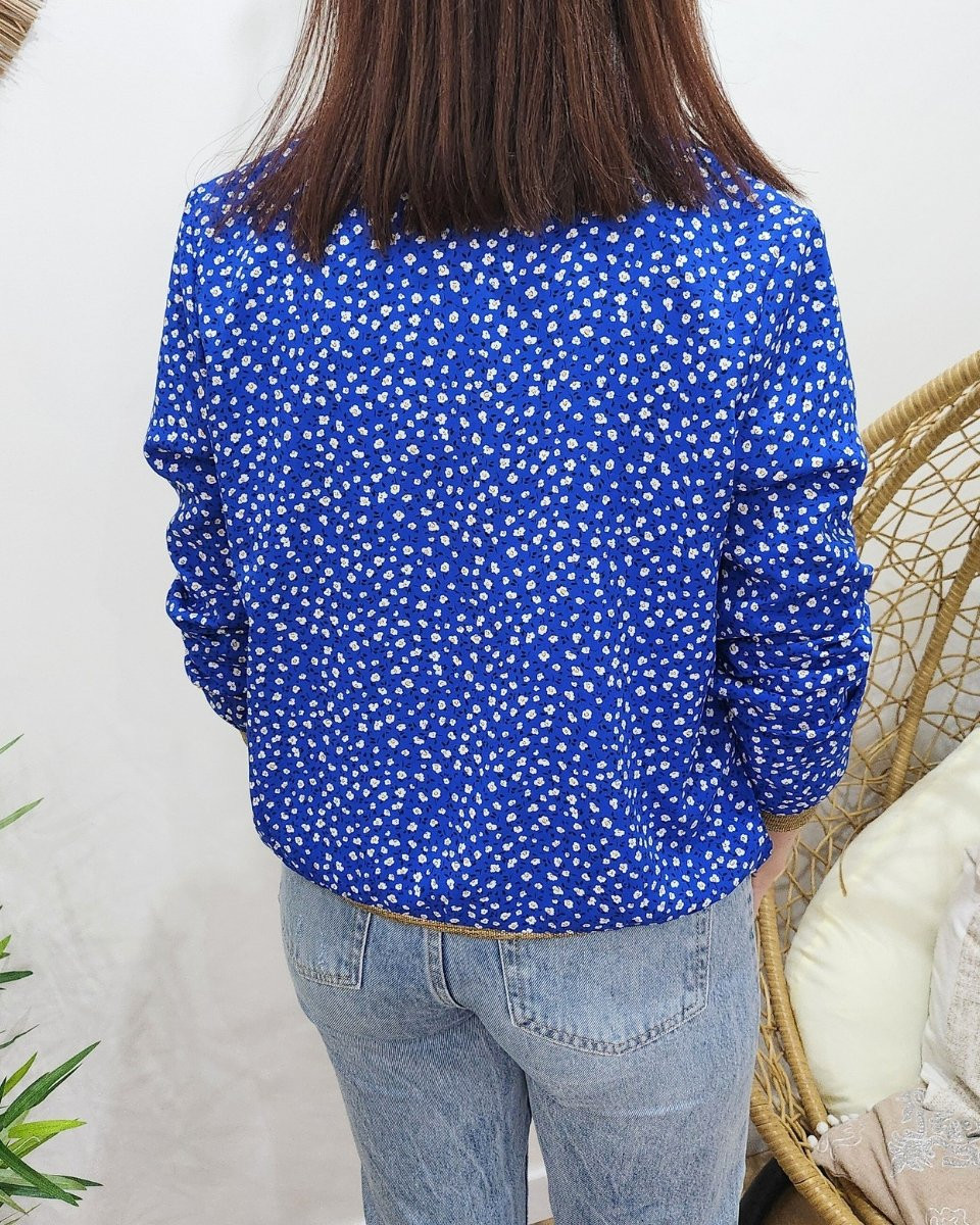 Bombers femme bleu électrique fleurs blanches Wanda