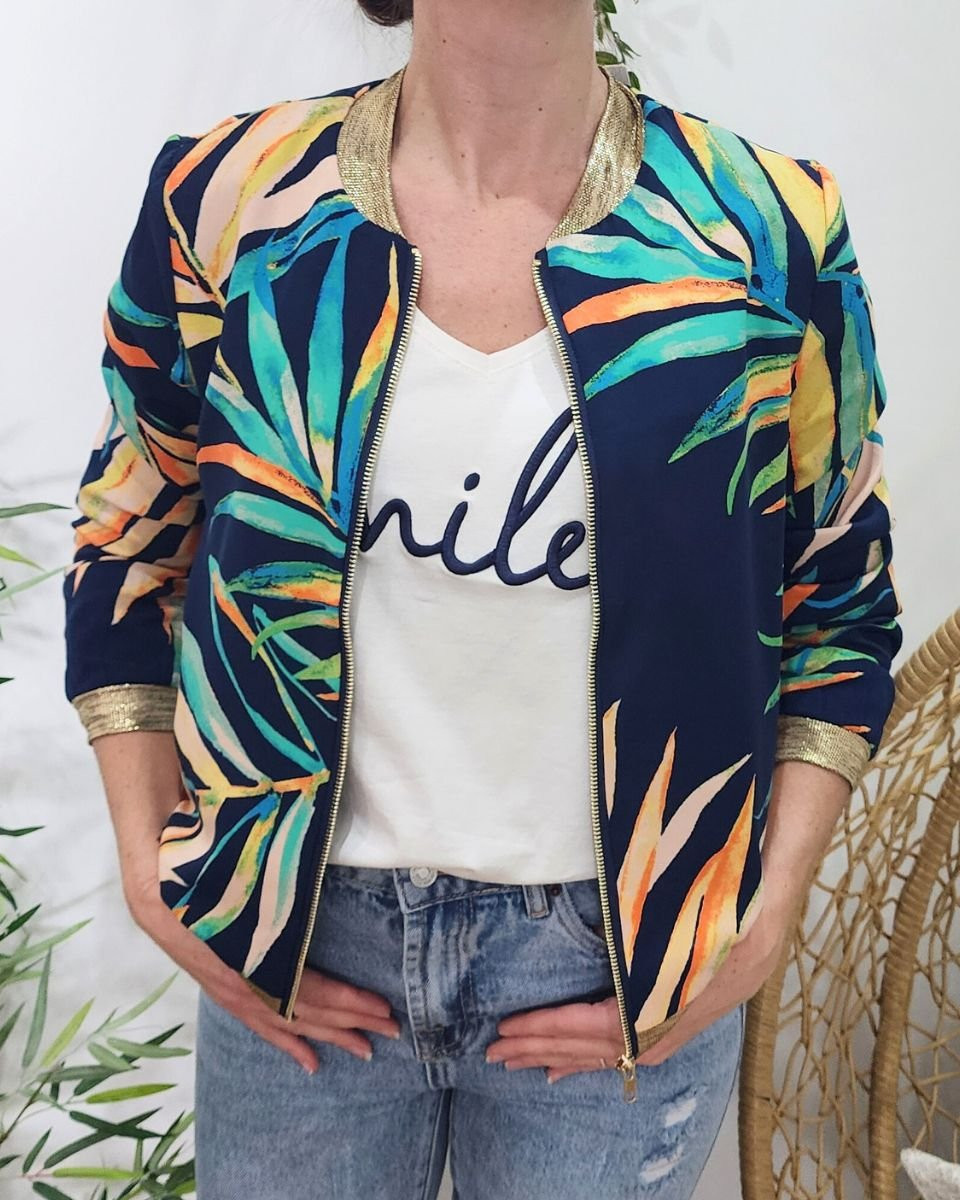 Bombers femme bleu marine feuillages multicolores