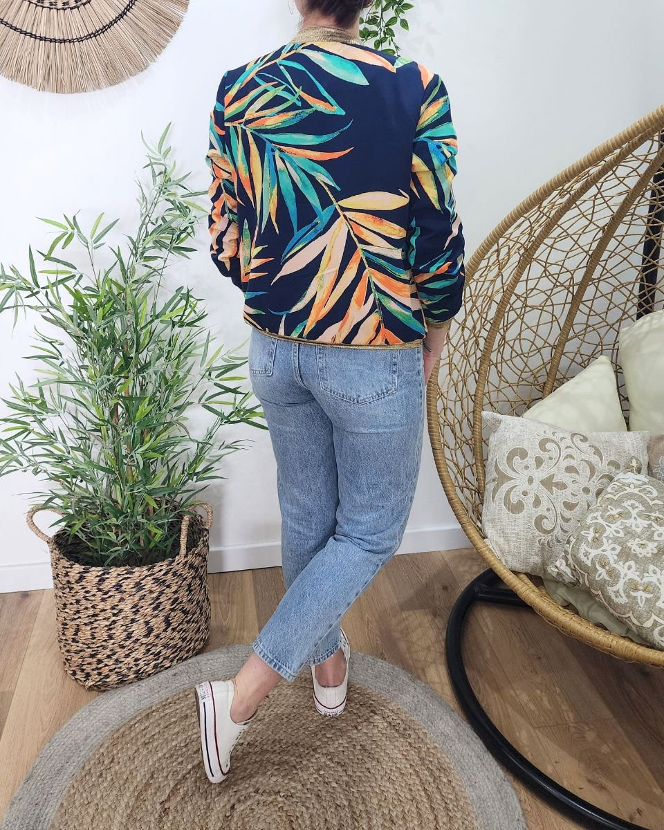 Bombers femme bleu marine feuillages multicolores