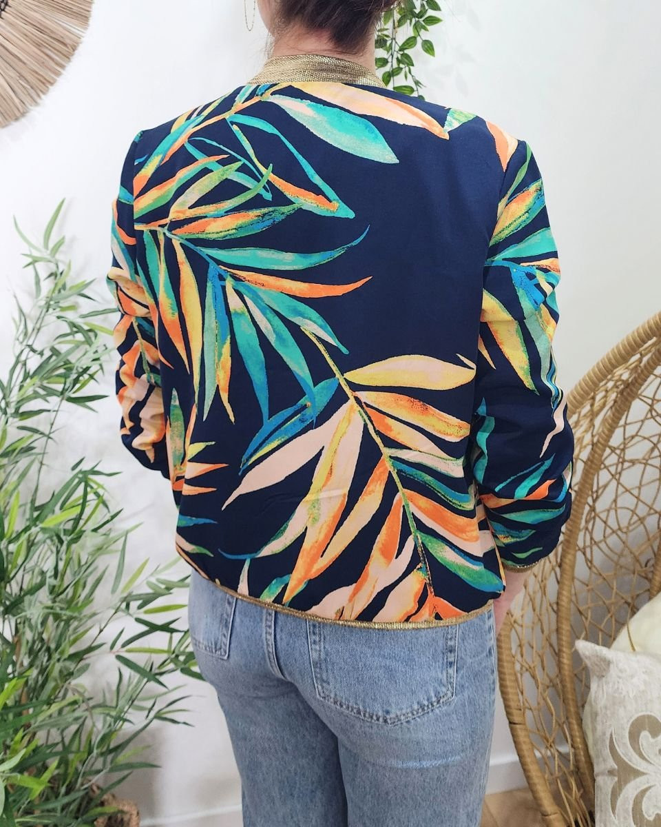Bombers femme bleu marine feuillages multicolores