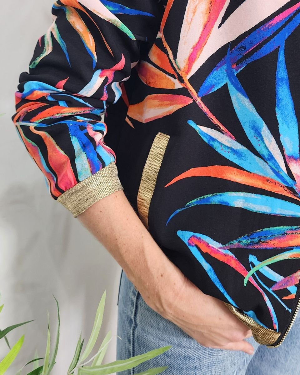 Bombers femme noir feuillages multicolores