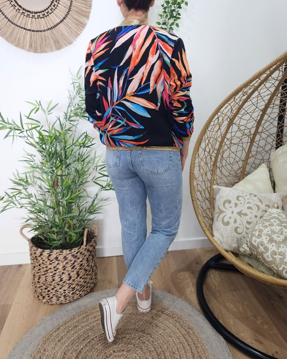 Bombers femme noir feuillages multicolores