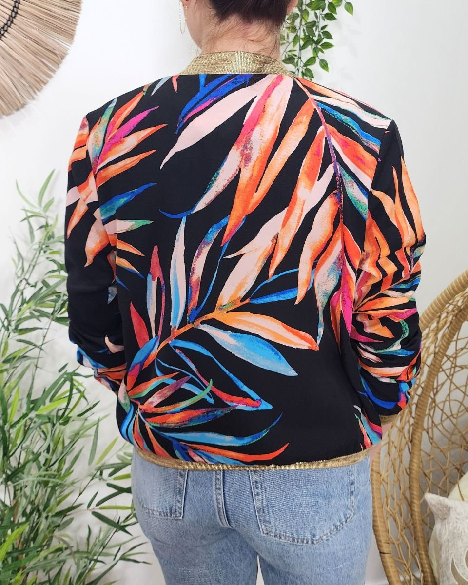 Bombers femme noir feuillages multicolores
