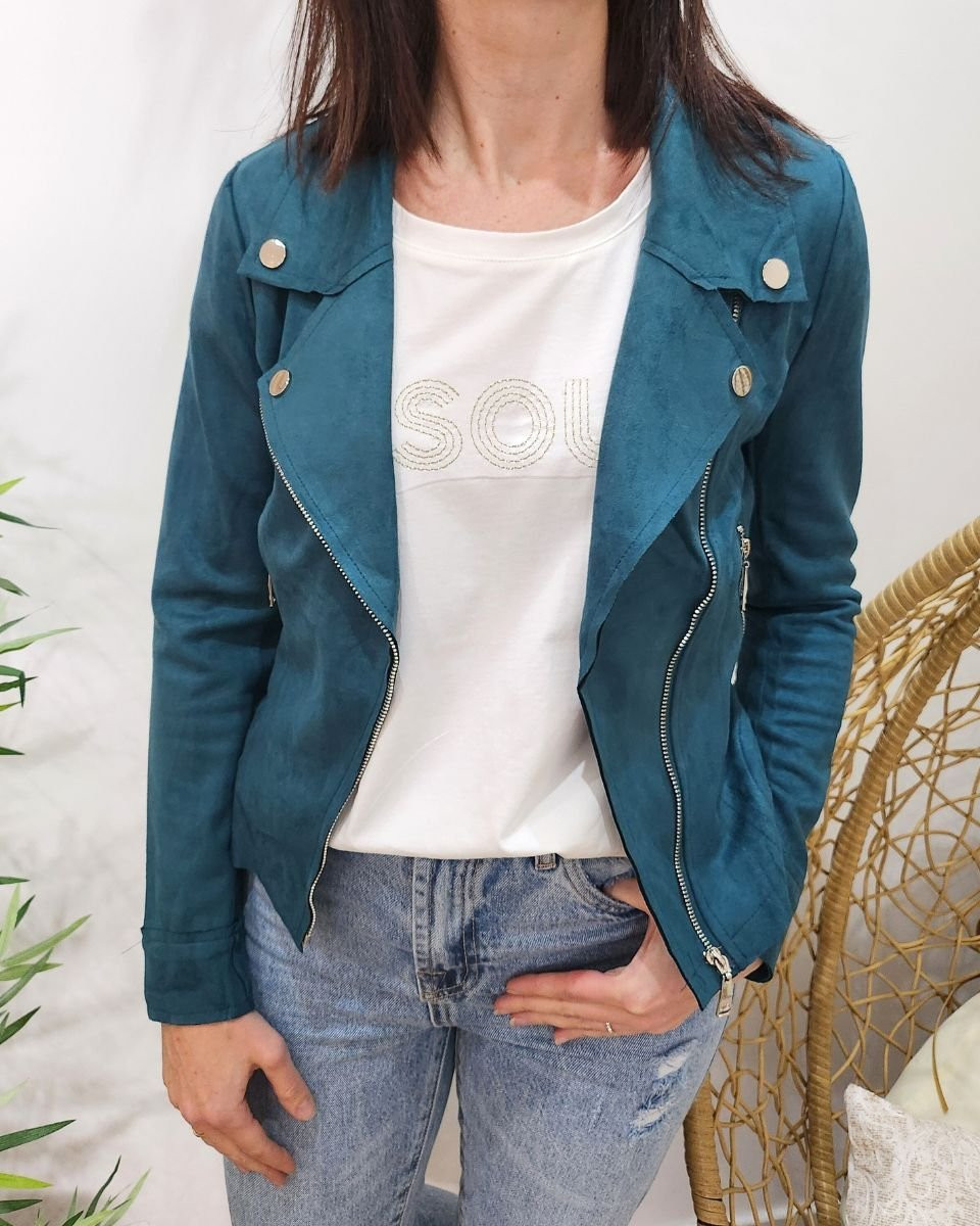 Perfecto femme fin suédine bleu canard