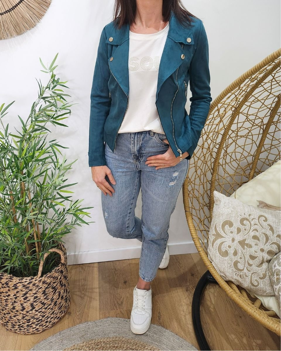 Perfecto femme fin suédine bleu canard