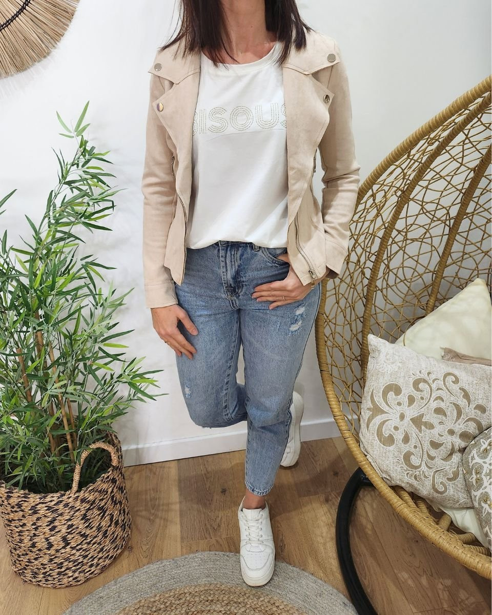 Perfecto femme fin suédine beige