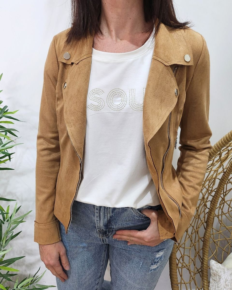 Perfecto femme fin suédine camel