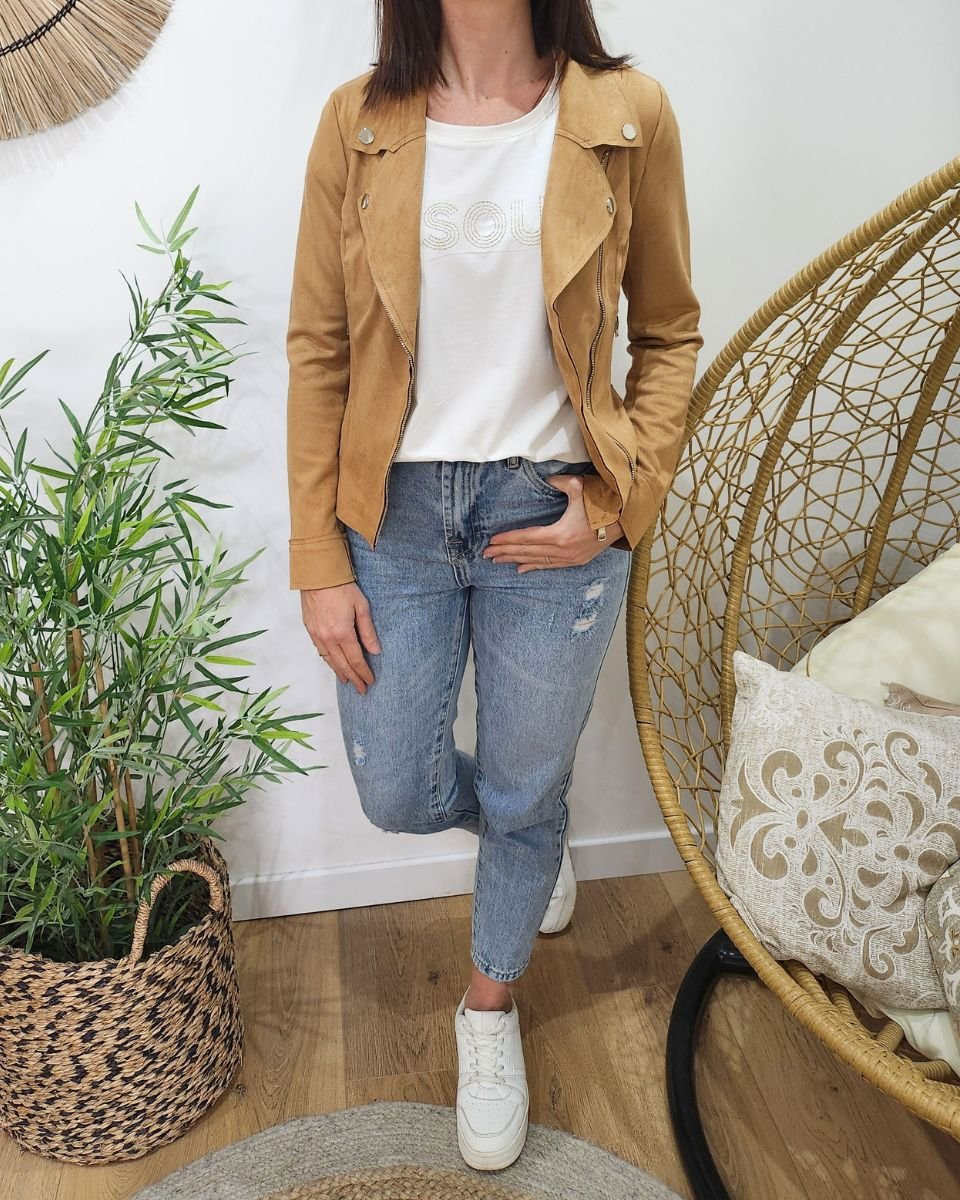 Perfecto femme fin suédine camel