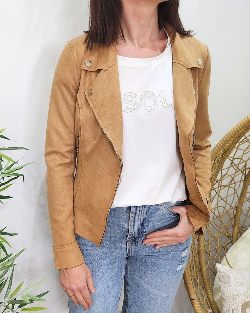 Perfecto femme fin suédine camel