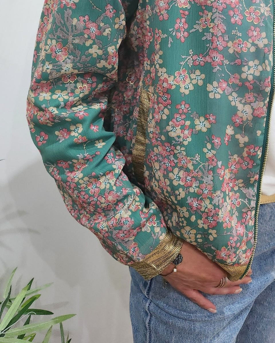 Bombers femme vert fleurs roses dorées Servade