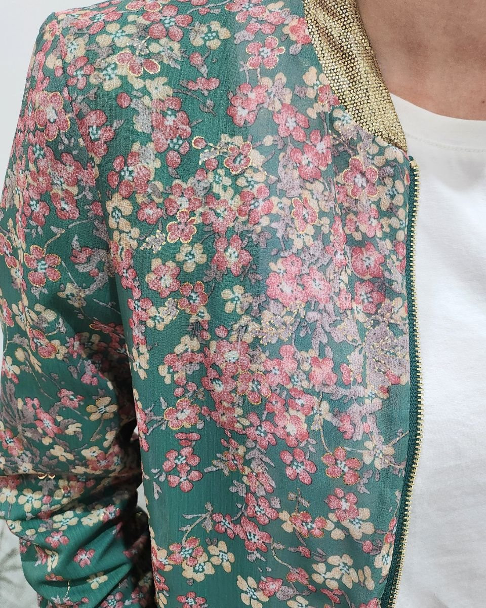 Bombers femme vert fleurs roses dorées Servade