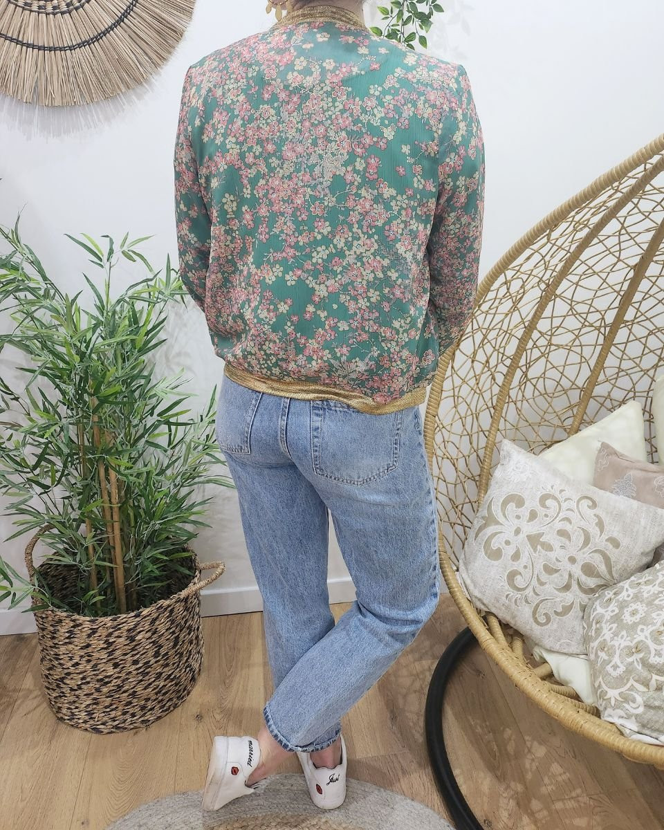 Bombers femme vert fleurs roses dorées Servade