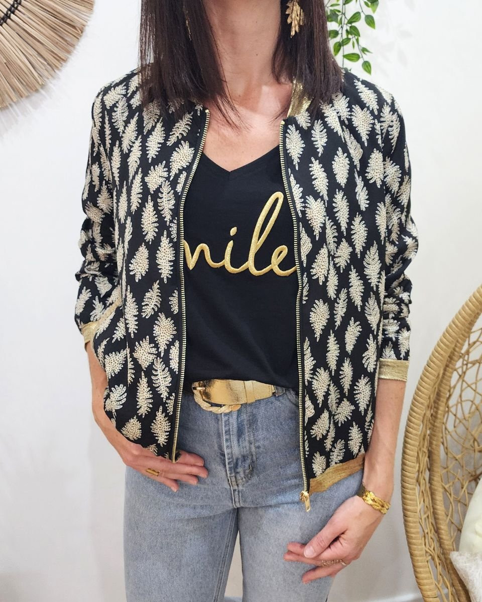Bombers femme noir feuilles écrues à pois taupes