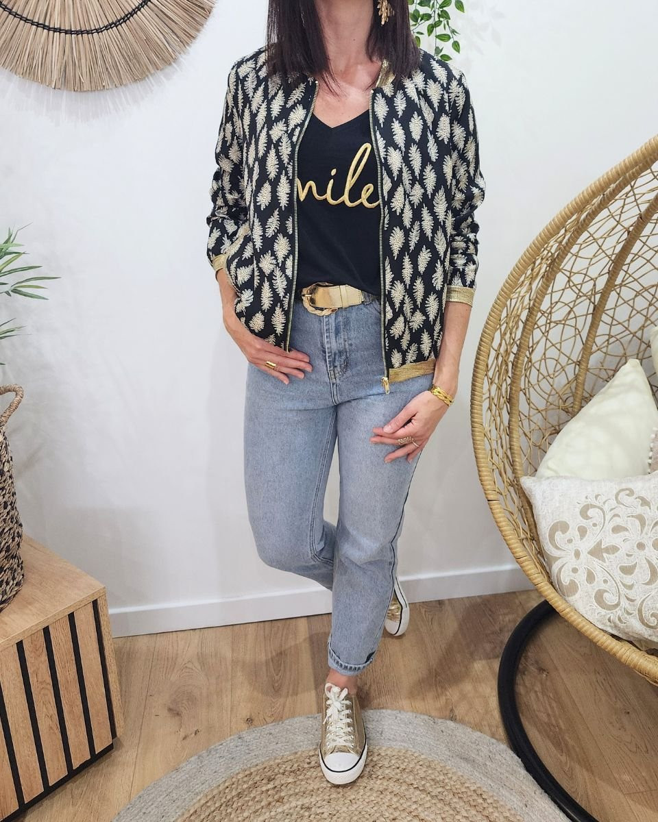 Bombers femme noir feuilles écrues à pois taupes