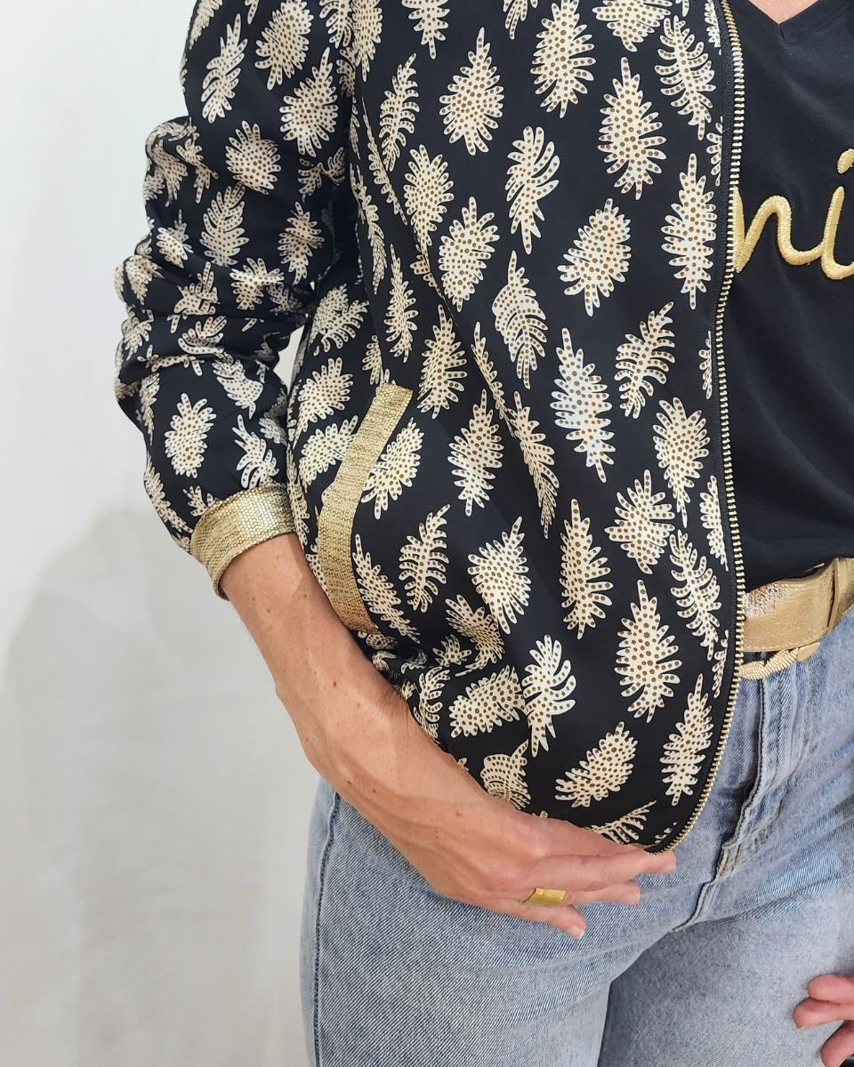 Bombers femme noir feuilles écrues à pois taupes