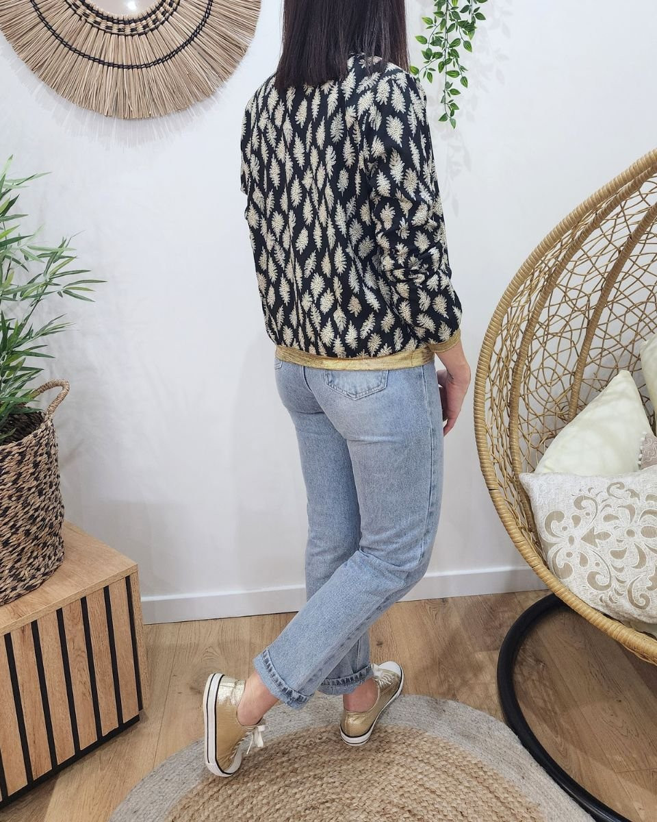 Bombers femme noir feuilles écrues à pois taupes