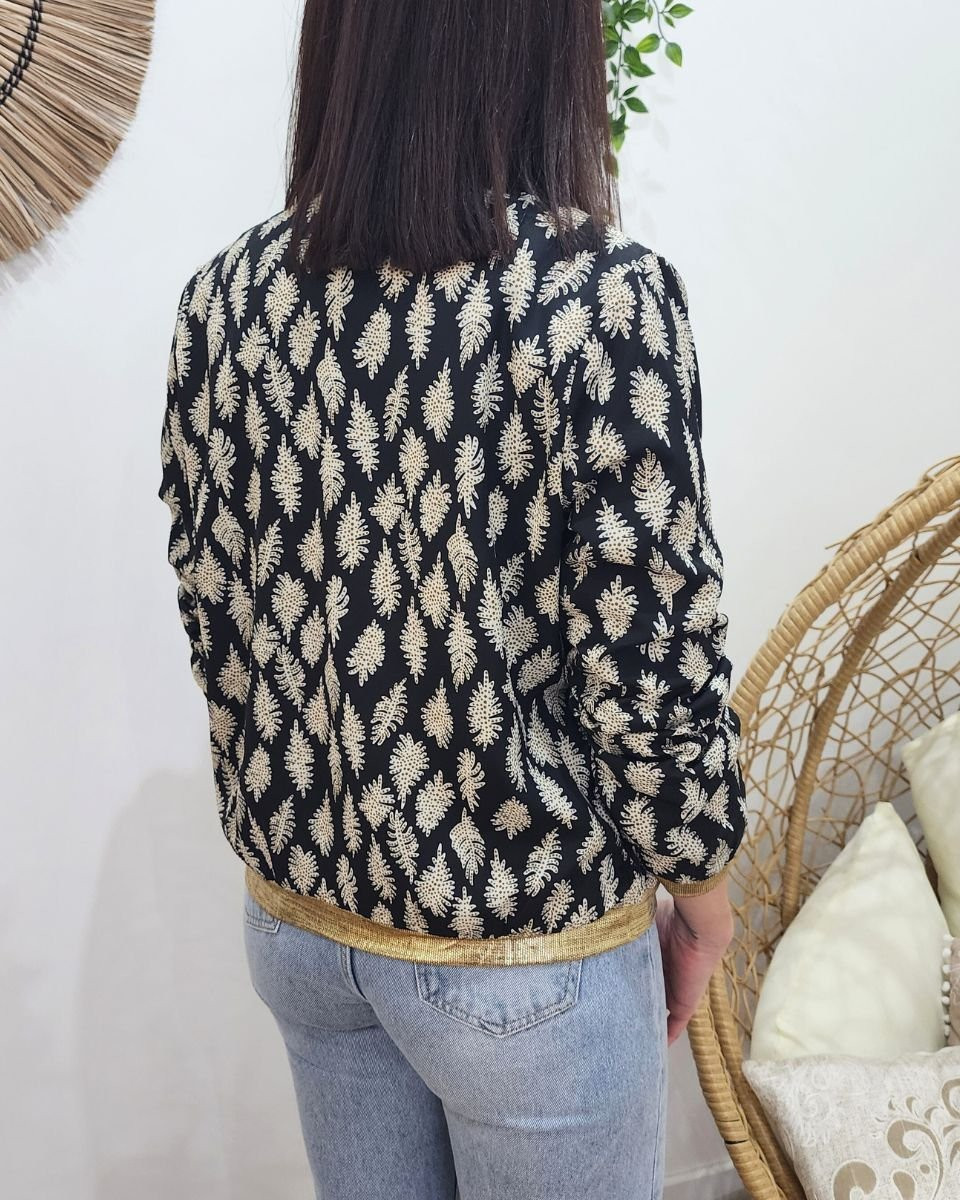 Bombers femme noir feuilles écrues à pois taupes