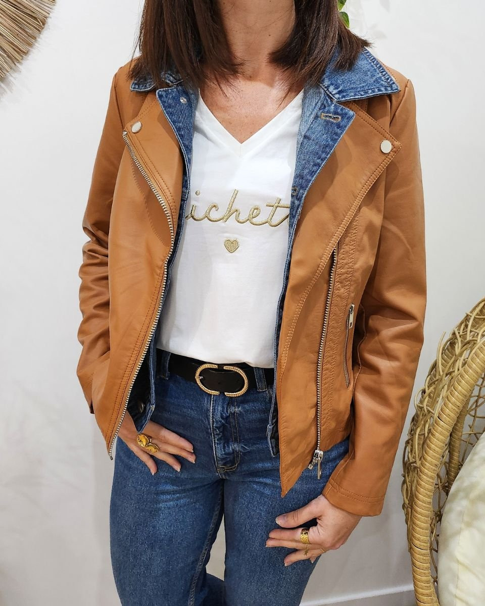 Perfecto femme camel simili col jean amovible 