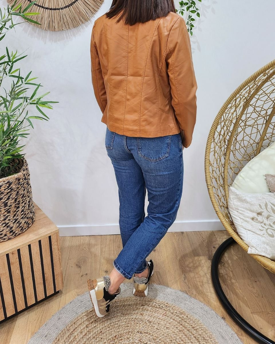 Perfecto femme camel simili col jean amovible 