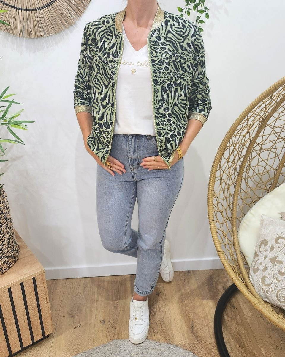 Bombers femme léopard zébré kaki et noir