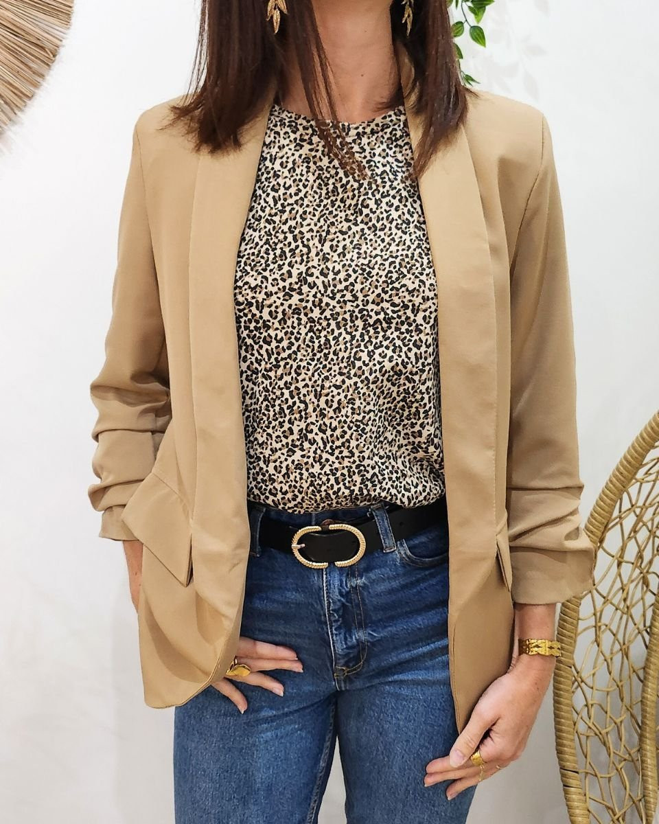 Blazer femme manches plissées camel clair