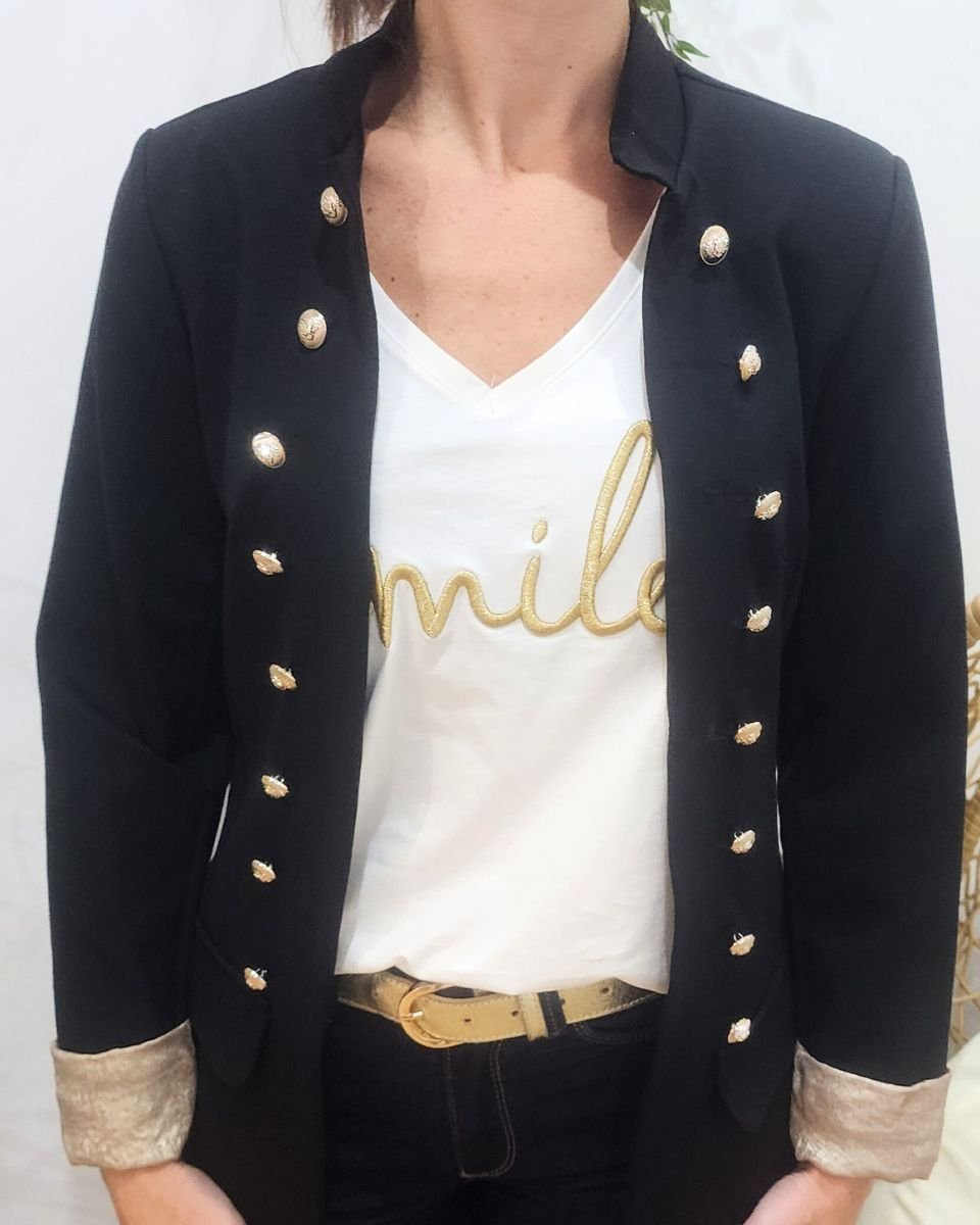 Blazer femme noir style officier revers doré