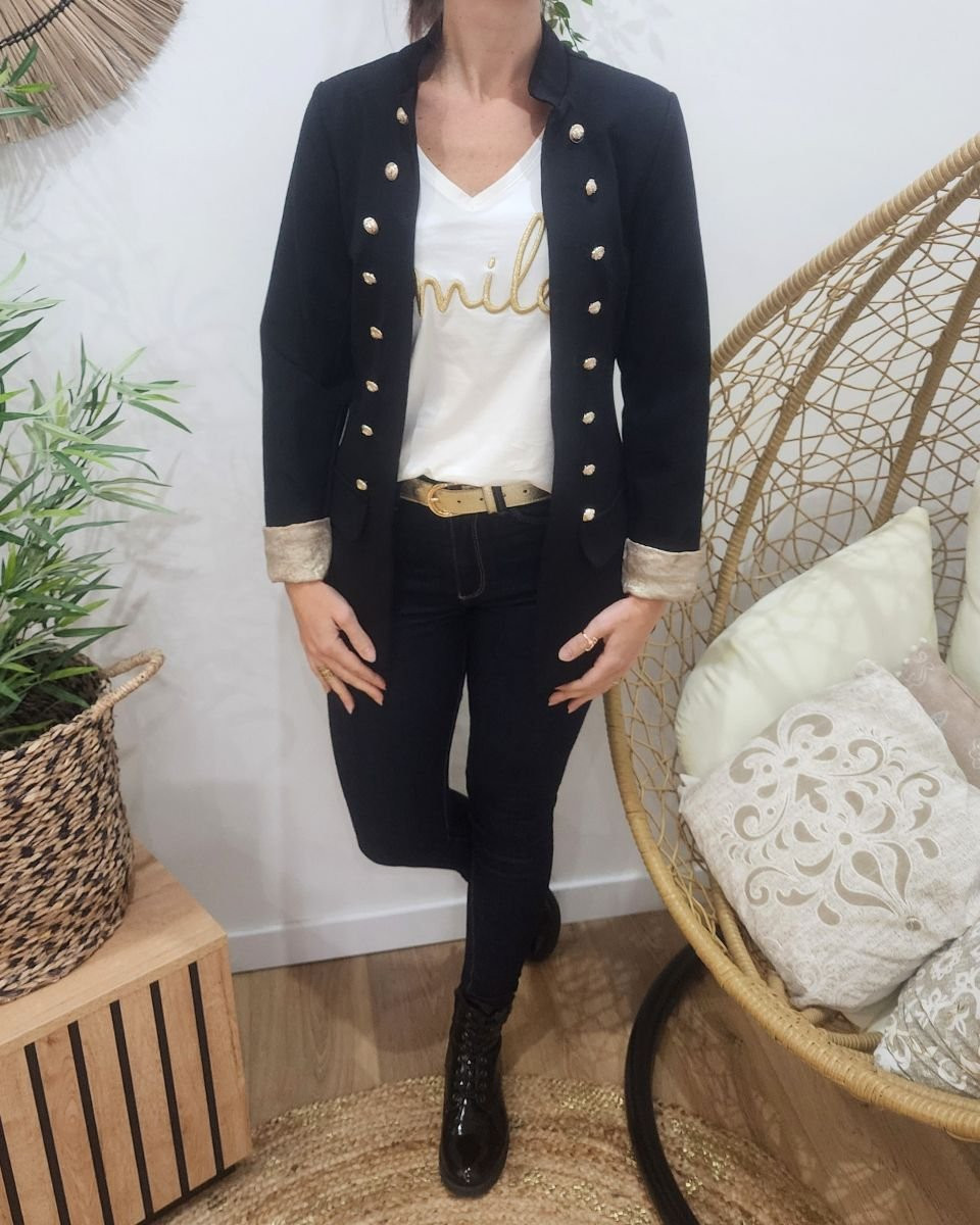 Blazer femme noir style officier revers doré