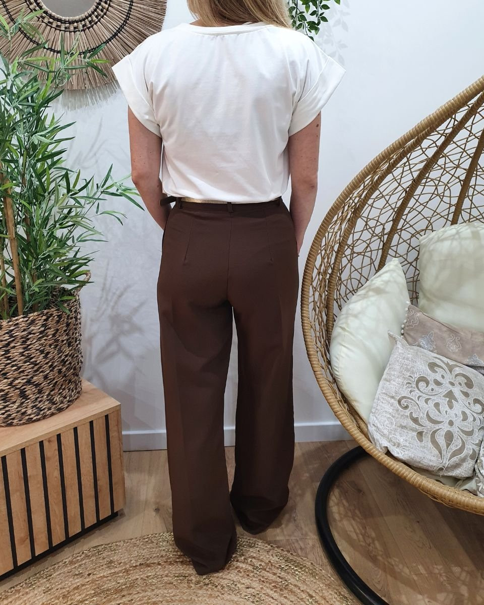 Pantalon femme fluide marron glacé taille haute Kaira