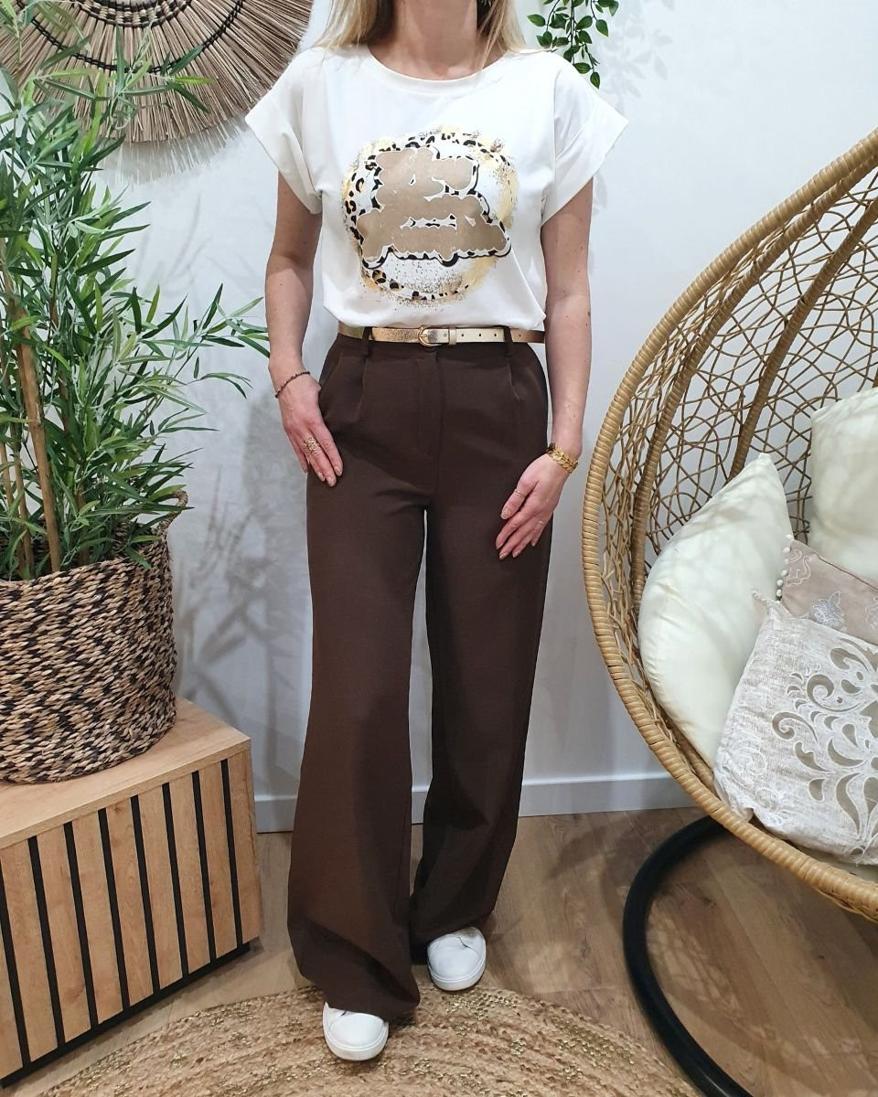 Pantalon femme fluide marron glacé taille haute Kaira