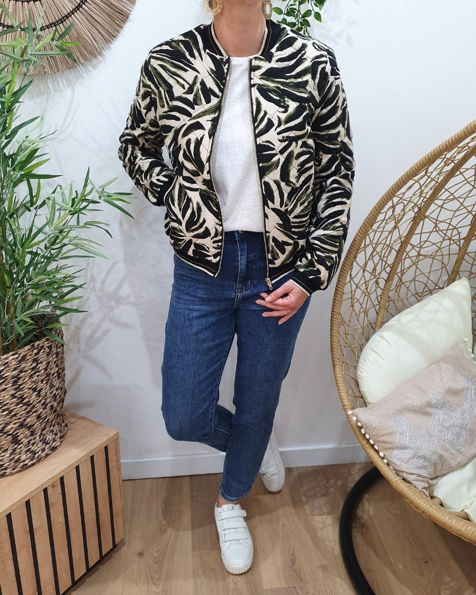 Bombers matelassé femme beige feuillages kaki