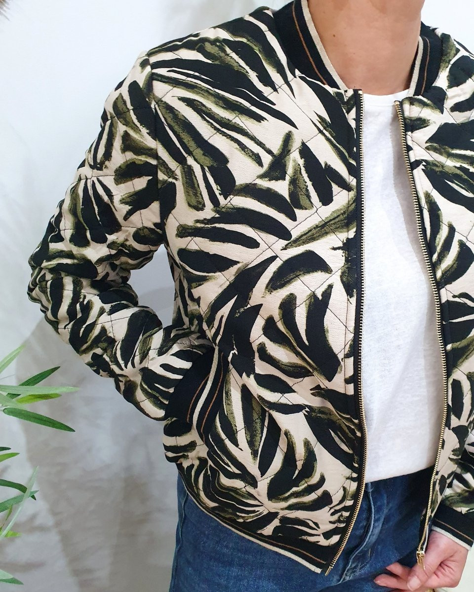 Bombers matelassé femme beige feuillages kaki