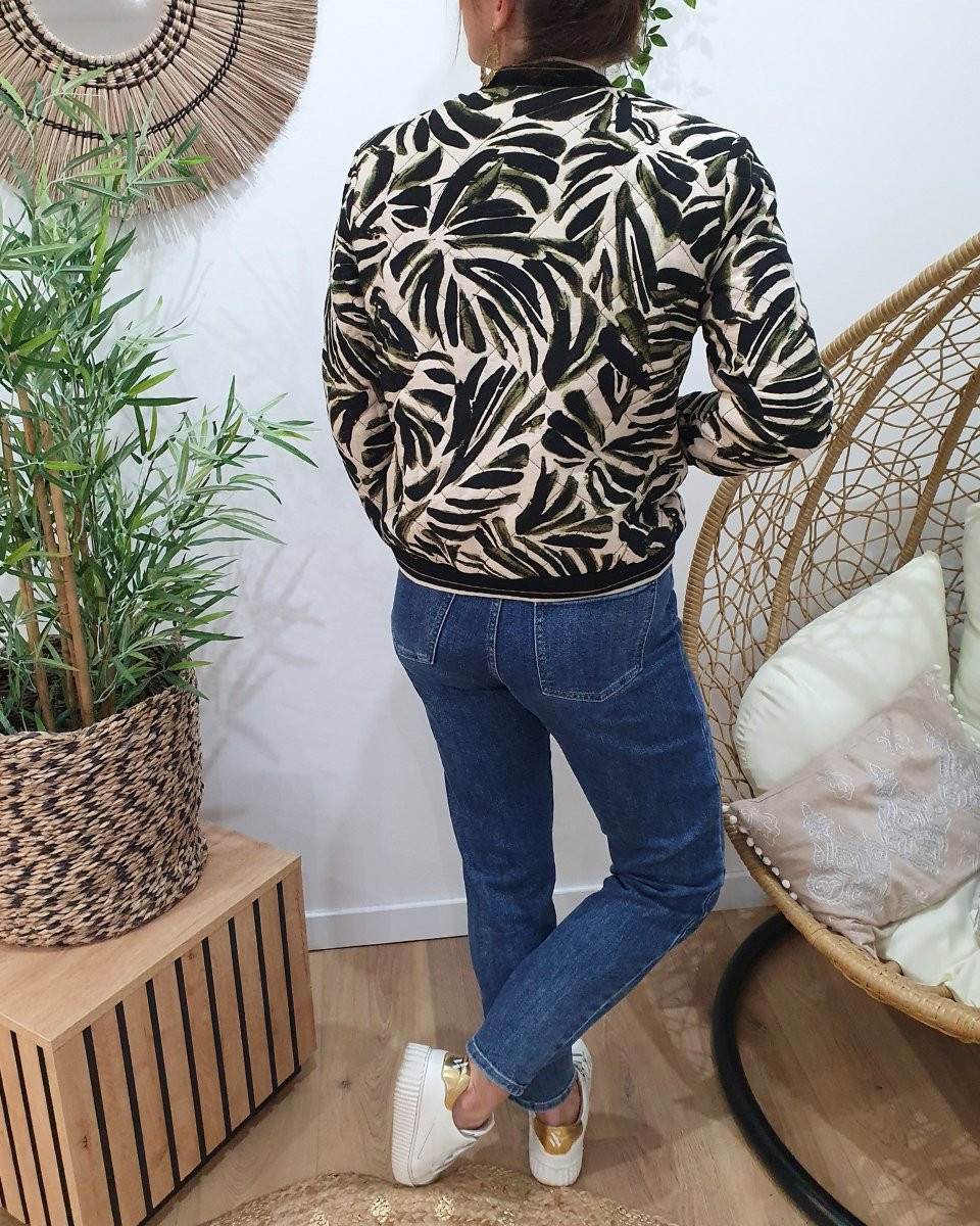Bombers matelassé femme beige feuillages kaki