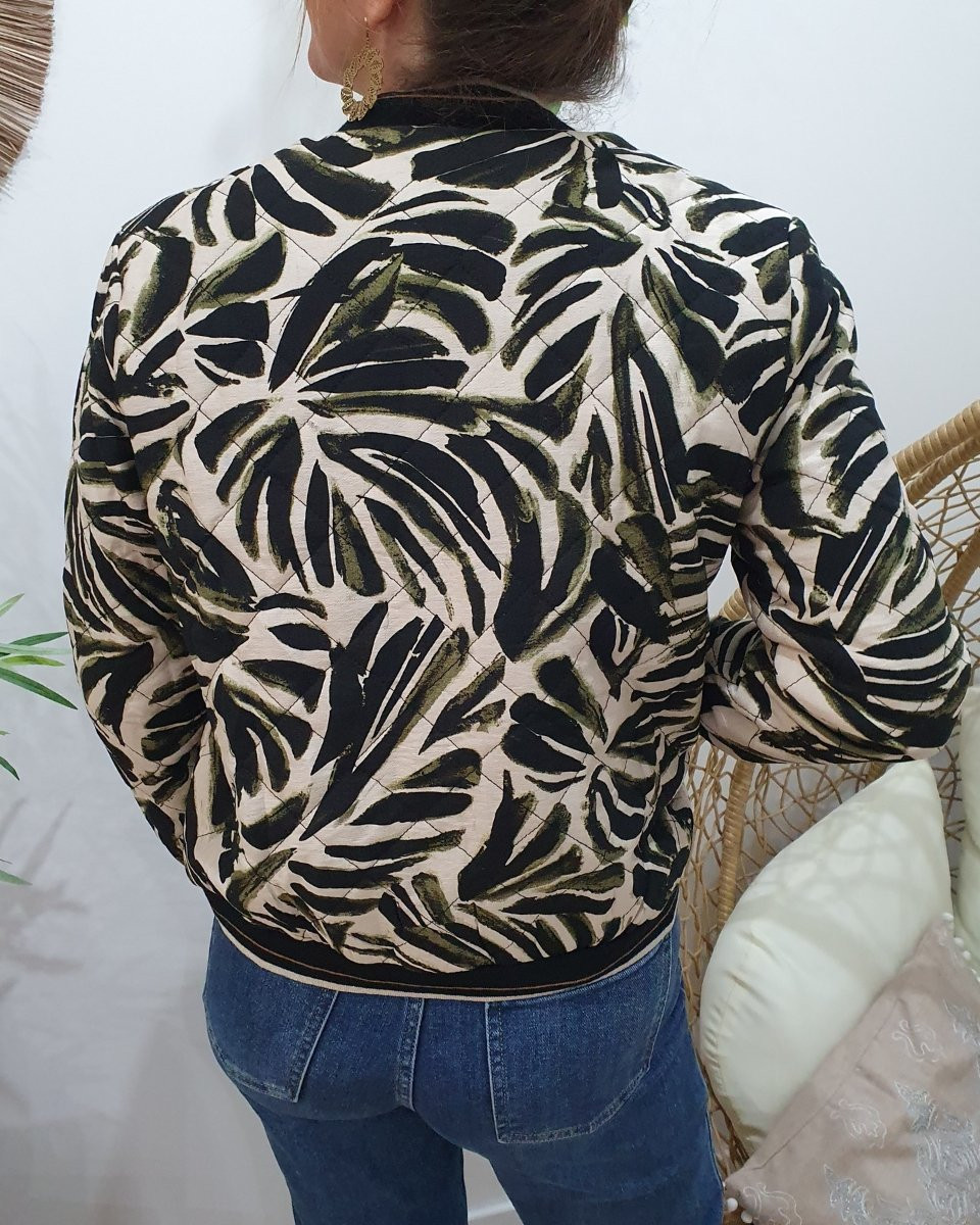 Bombers matelassé femme beige feuillages kaki