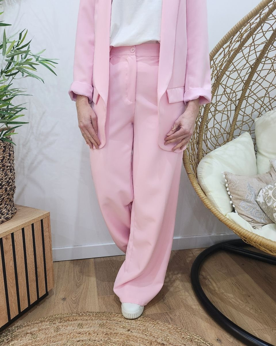 Pantalon femme fluide rose baby taille haute