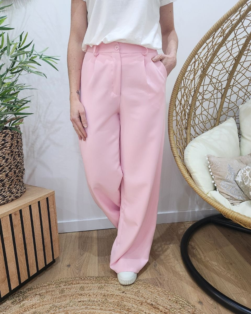 Pantalon femme fluide rose baby taille haute