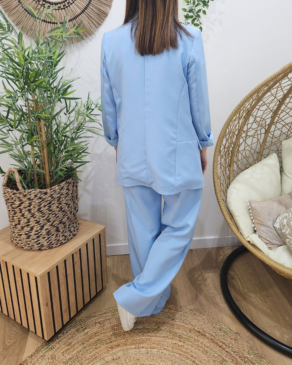 Pantalon femme fluide bleu ciel taille haute